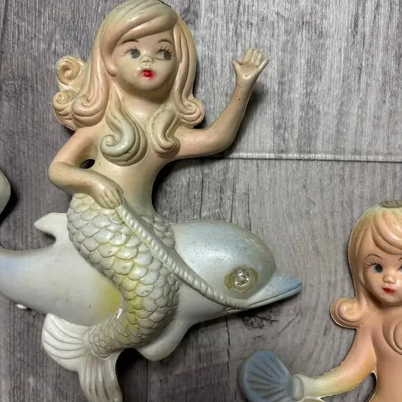 Vintage Mermaid Riding Dolphin Plastic Wall Hanging 7” Set of Two